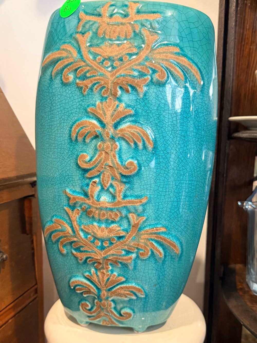 Ceramic Turquoise Decorative Vase with Gold Relief